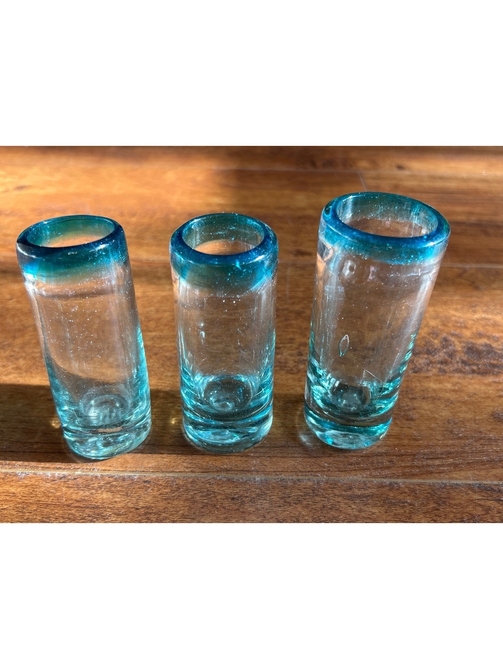 Set of 3 Vintage Blue Rim Clear Glass Shot Glasses